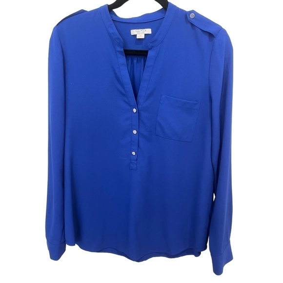 NAUTICA Long Sleeve V-Neck 1/2 Button Front Royal Blue Blouse Size Medium - Picture 1 of 4